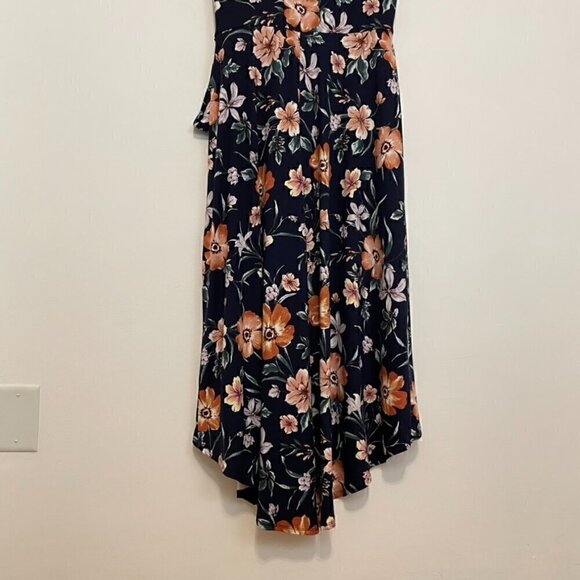 BY & BY / BY&BY Navy Blue Floral Print High Low Hi-Lo Midi Maxi Faux Wrap Dress - Picture 14 of 16